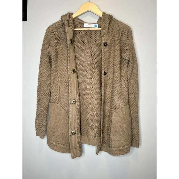 Anthropologie Sparrow Brown Knit Hooded Snap Up Pocket Cardigan Sweater Small - Picture 3 of 12